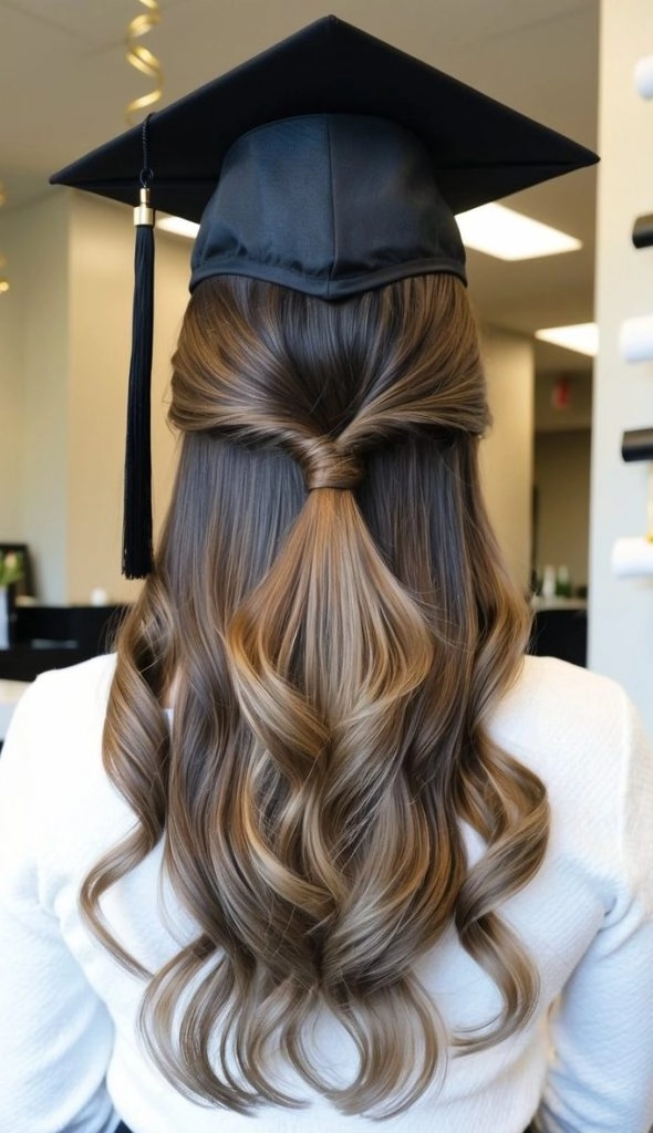 Woman applying overnight hair rollers for graduation hairstyle preparation