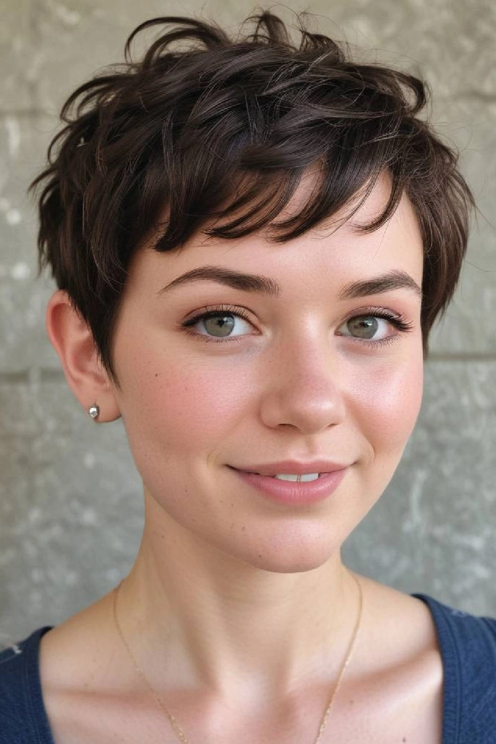Graduation hairstyle for pixie cut with sleek side-swept bangs and delicate headband