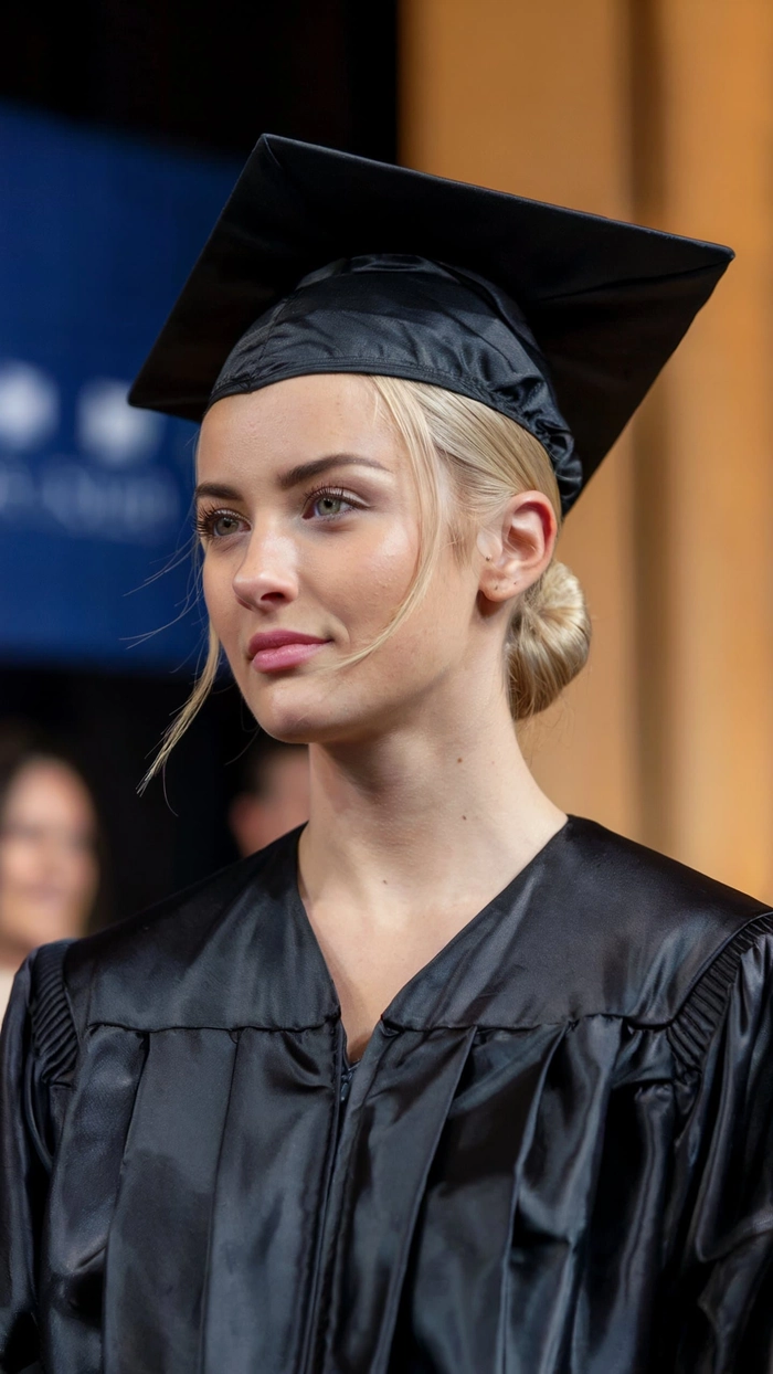 Professional graduation hairstyle with a neat low bun for job interviews A sleek low bun graduation hairstyle suitable for a corporate office environment