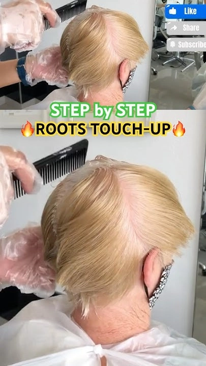 Close-up of graduation hairstyle with root touch up strategy in progress