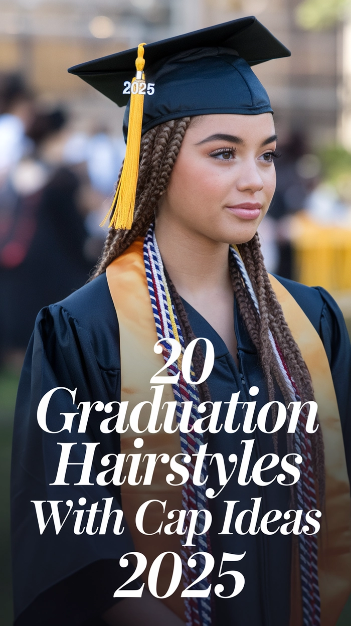 Side swept hair styled under a graduation cap for a polished look