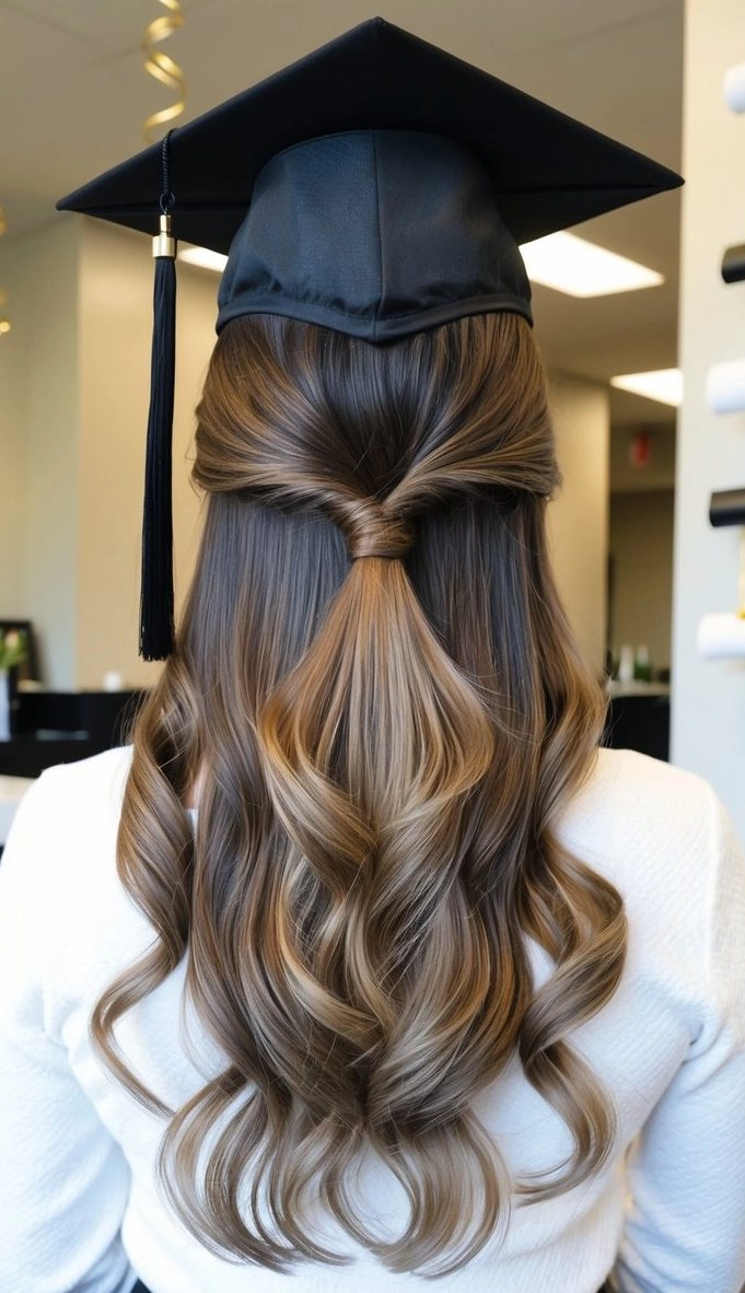 Side swept hair peeking out from under a graduation cap