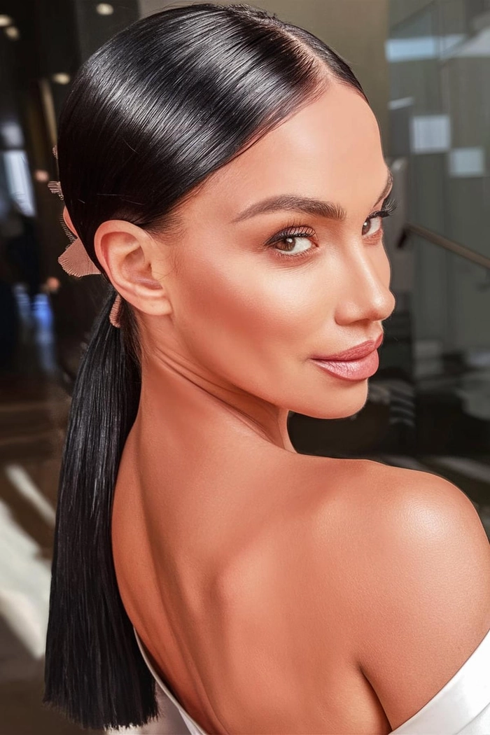 Sleek low ponytail with a clean center part and subtle shine for graduation