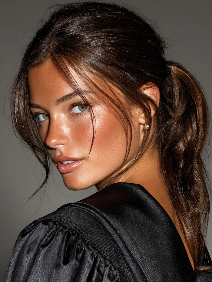 Sleek low ponytail with a wrapped hair tie for a polished graduation look