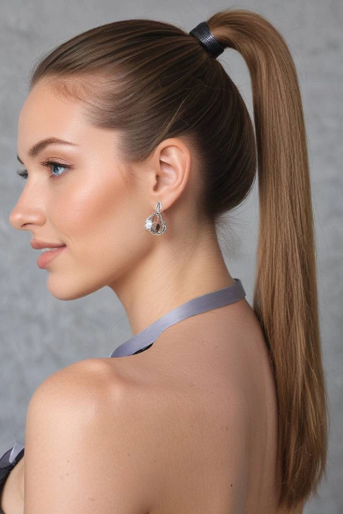 Sleek low ponytail graduation hairstyle with polished sides and a smooth finish