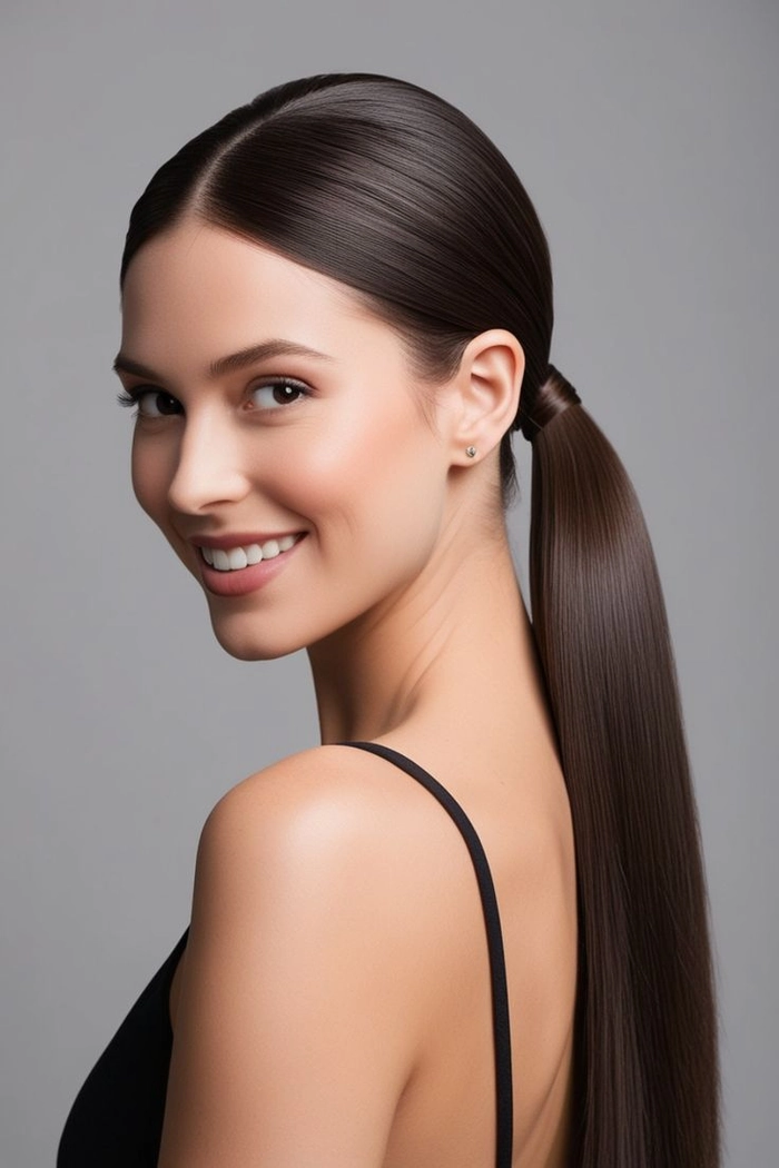 Sleek low ponytail graduation hairstyle with a polished finish