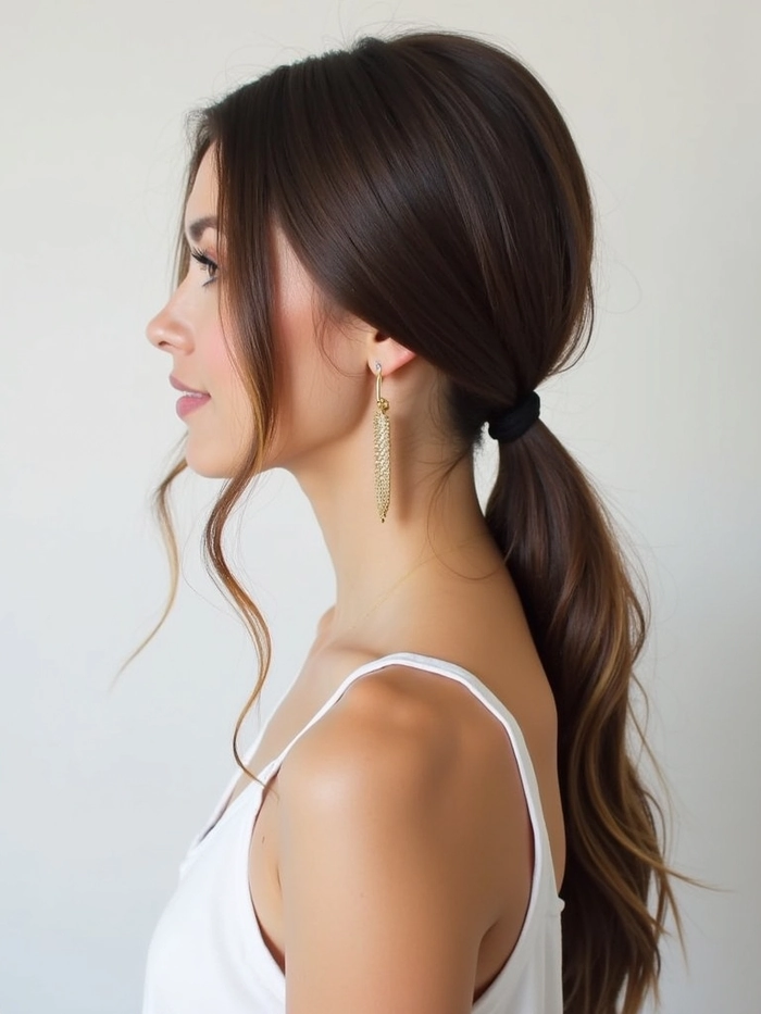 Sleek low ponytail graduation hairstyle with a shiny finish and subtle side part