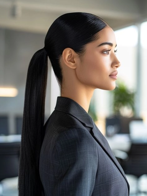 Sleek low ponytail with a sleek side part for a polished graduation look