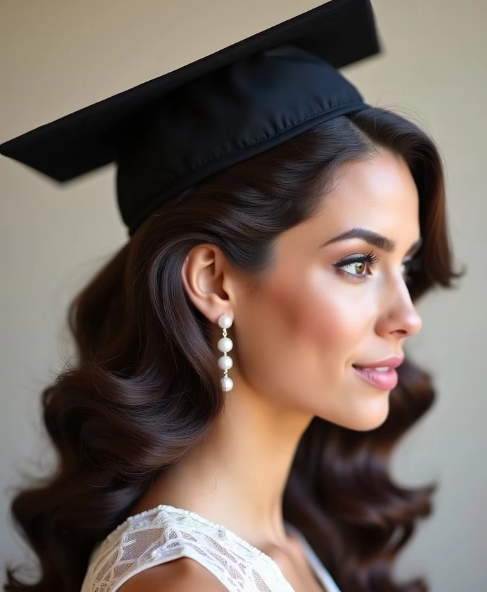 Vintage inspired graduation hairstyle with soft waves and pearl accessories