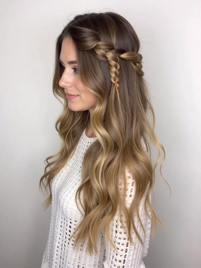 Elegant graduate with a long waterfall braid hairstyle, side view.