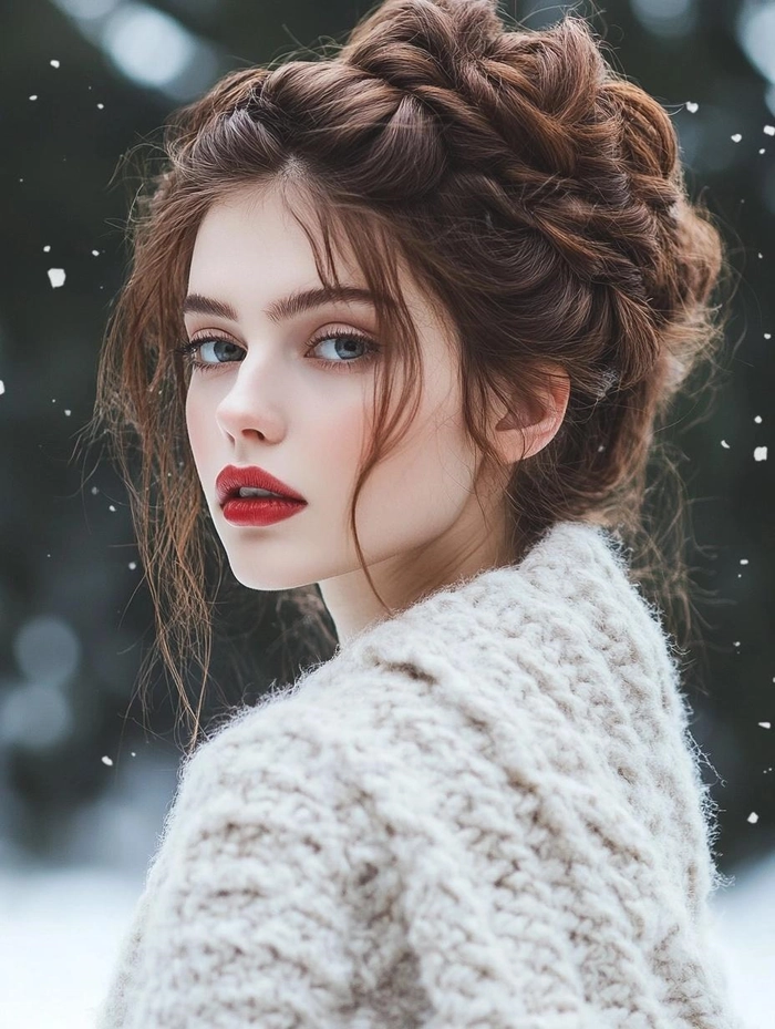 Winter graduation hairstyle with braids and a warm updo suitable for cold weather