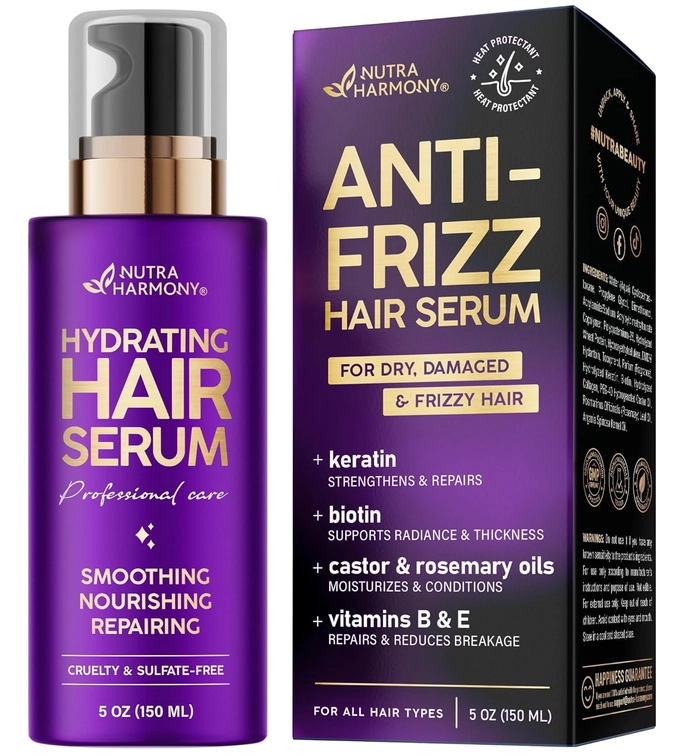 Woman with sleek holiday updo using anti-frizz serum in humid weather