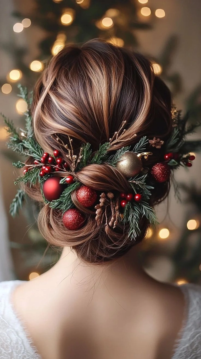 A festive holiday updo secured with the best hairspray for humidity resistance
