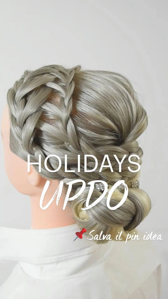 Woman with a festive updo styled using humidity-resistant hairspray for long-lasting hold