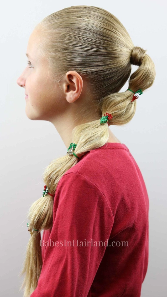 Festive bubble braid ponytails perfect for holiday celebrations Playful holiday party hairstyle with bubble braid ponytails