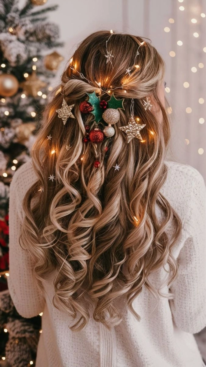 Elegant Christmas party updo for long hair with glittering hairpins