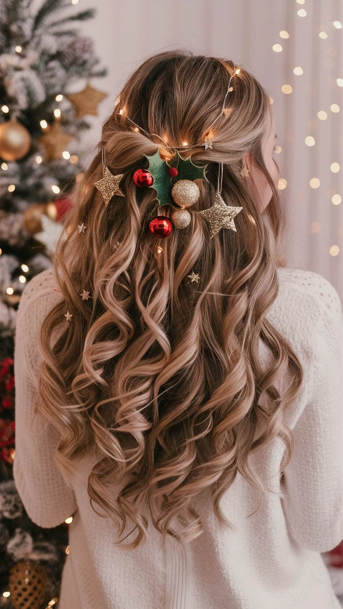 Elegant Christmas party updo for long hair with glittering hairpins