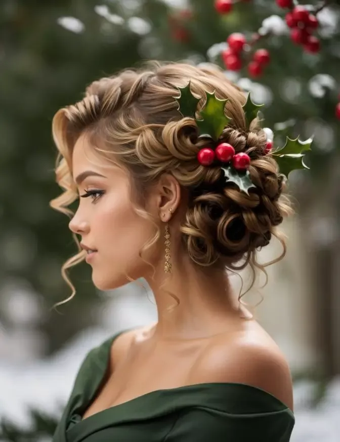 Elegant Christmas party updo hairstyle for long hair with sparkly accessories
