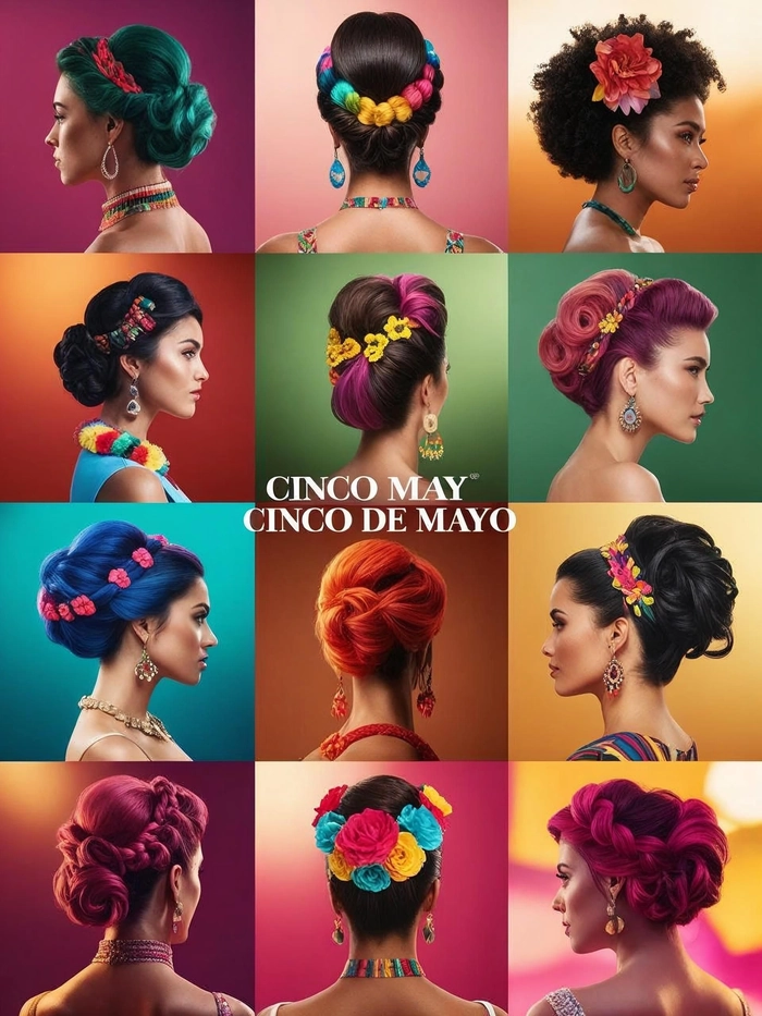 Festive braided updo for Cinco de Mayo with flowers and ribbon