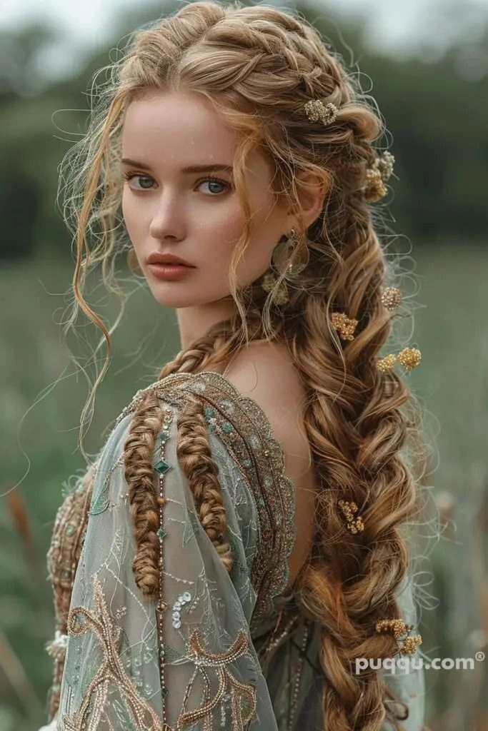 Intricate dutch braid styled into an ethereal fantasy costume hairstyle for holidays