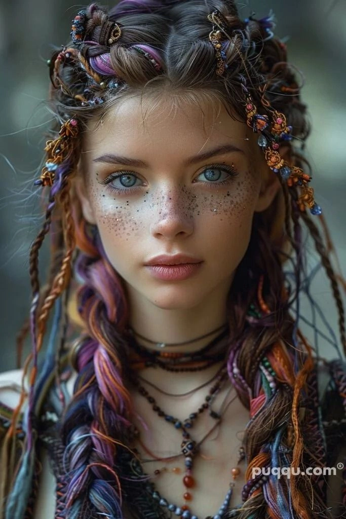 An intricate Dutch braid styled into a fantasy costume-inspired holiday hairstyle with decorative elements