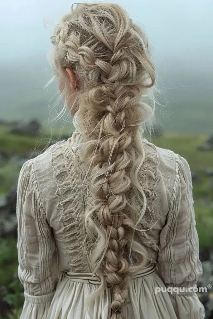 Intricate Dutch braid styled into a fantasy costume updo with woven ribbons and small flowers