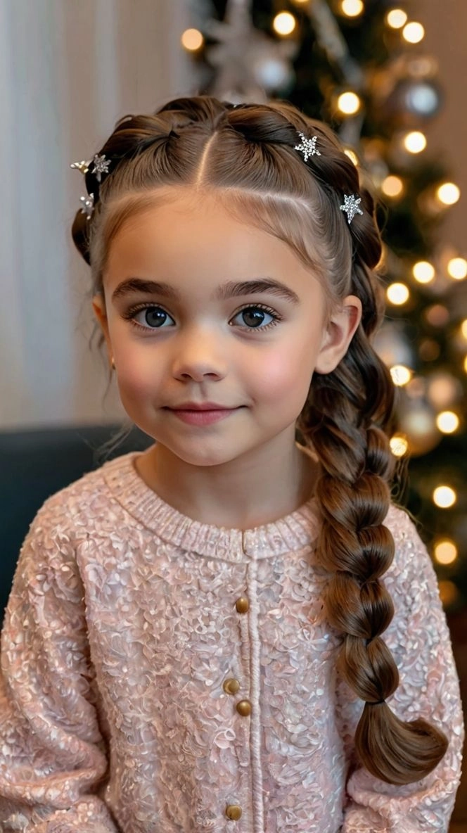 Toddler with a simple braided updo and festive ribbon