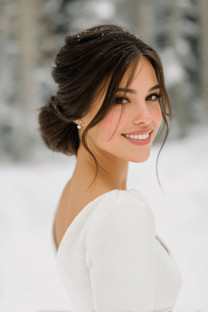 Elegant chignon hairstyle for a winter wedding with subtle holiday accents
