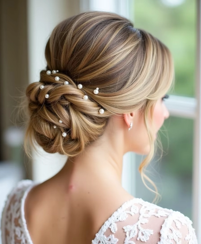 Elegant winter wedding chignon with delicate floral accents and soft waves