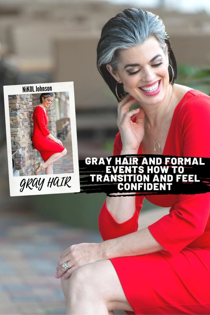 Elegant gray hair styled in an updo for a holiday formal event