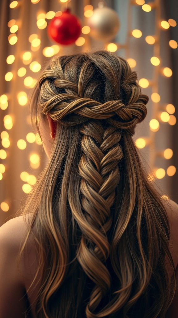 Bride displays a festive braided crown hairstyle with seasonal flowers for a holiday brunch