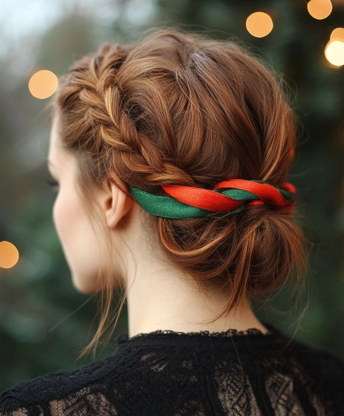 Festive braided crown hairstyle adorned with small flowers for a holiday brunch