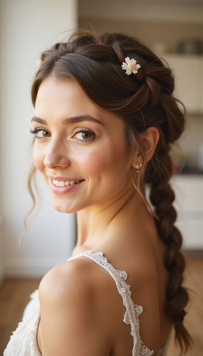 A festive braided crown hairstyle adorned with small ornaments for a holiday brunch