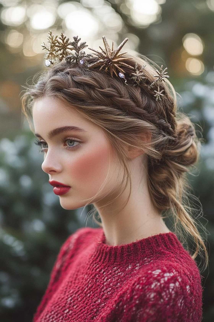 A festive braided crown hairstyle perfect for a holiday brunch