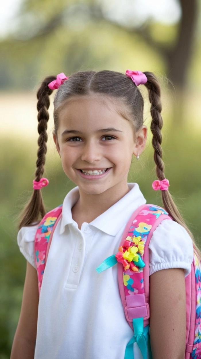 Little girl wearing festive braided pigtails for a holiday hairstyle