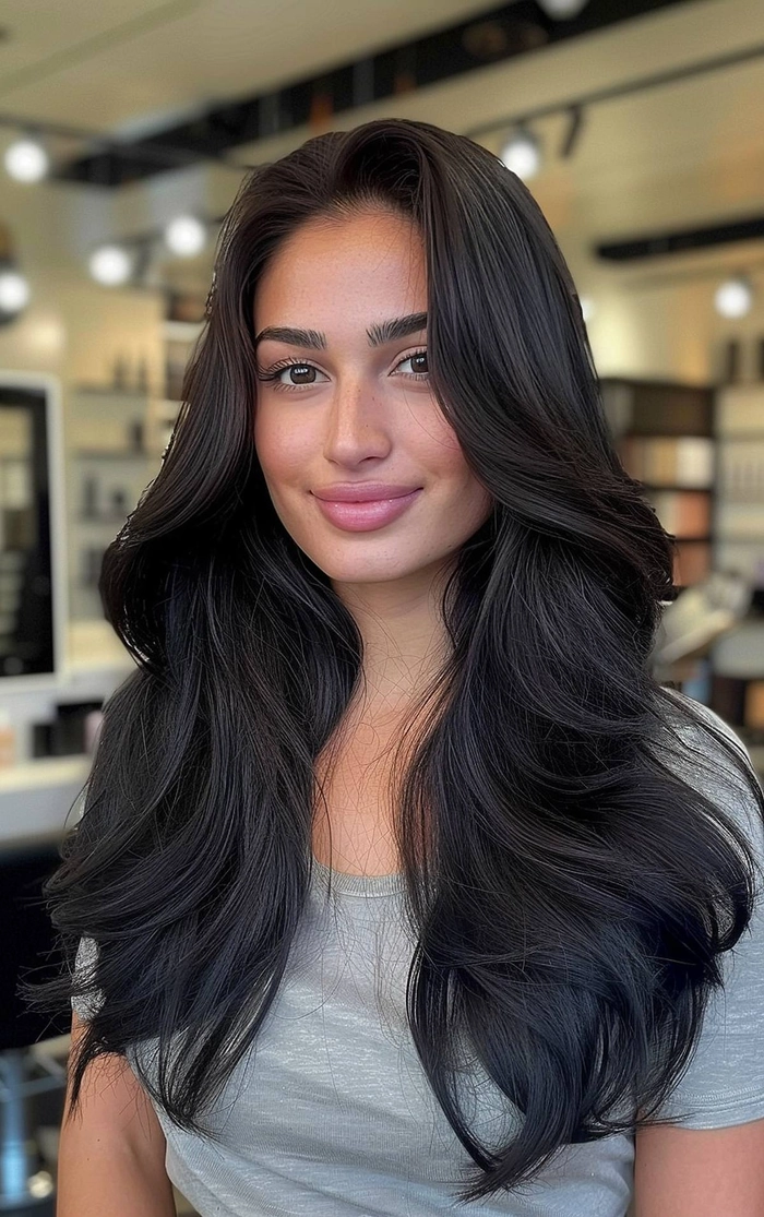 A voluminous blowout hairstyle perfect for a festive cocktail party