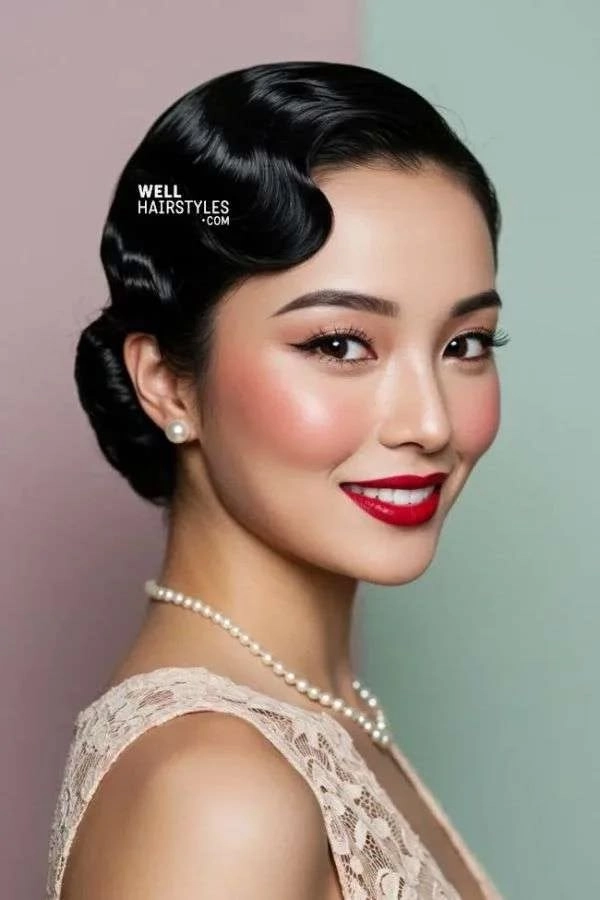 Woman with glamorous finger wave hairstyle and vintage sparkling headband for a New Year's Eve party