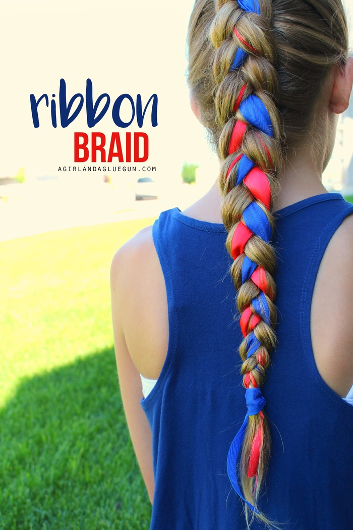 Patriotic ribbon hair styling for a Fourth of July celebration Festive red, white, and blue ribbon woven into an elegant updo for Independence Day
