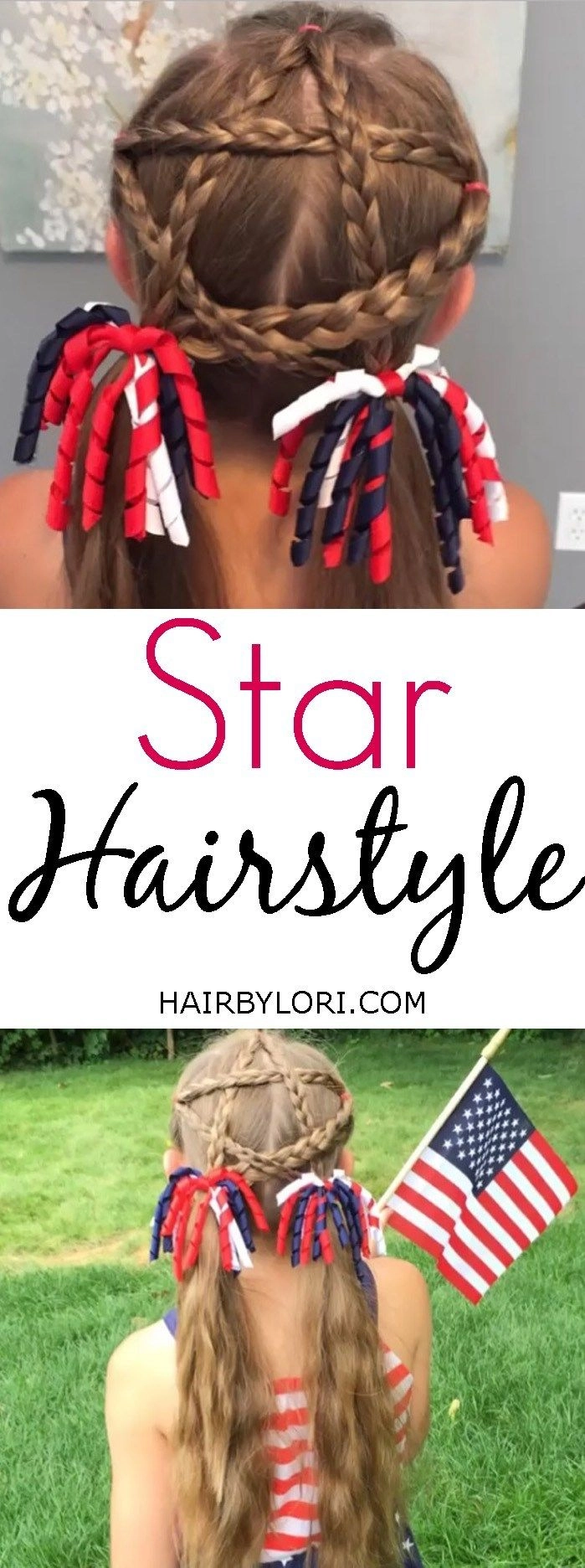 Patriotic Hair Ribbon Styling for the Fourth of July Holiday Hairstyles Fourth of July patriotic hair ribbon styling tutorial, showing red, white, and blue ribbon woven into a braided updo