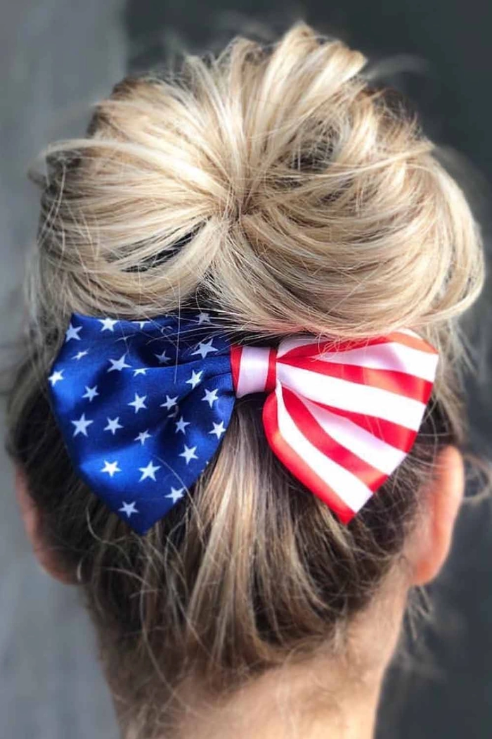 Step-by-step patriotic ribbon hairstyle for Independence Day Woman with Fourth of July patriotic hair ribbon styling in red, white, and blue