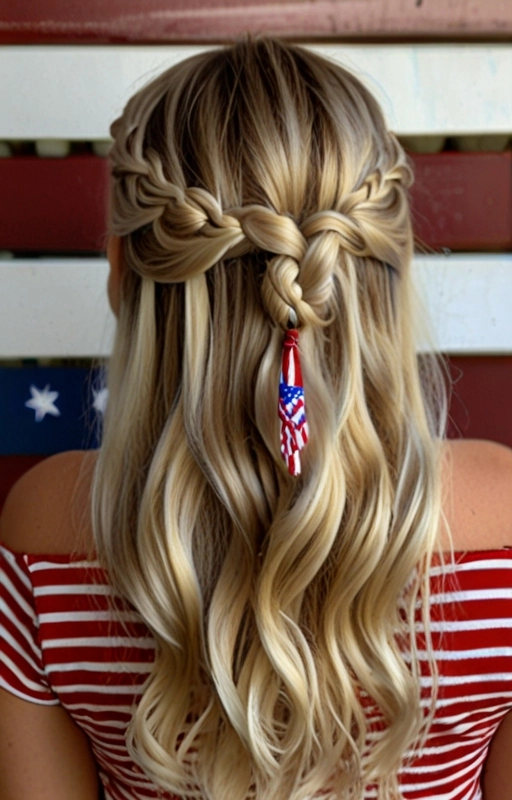 Fourth of July hair ribbon styling with patriotic colors Red white and blue patriotic hair ribbon styling for Fourth of July celebrations