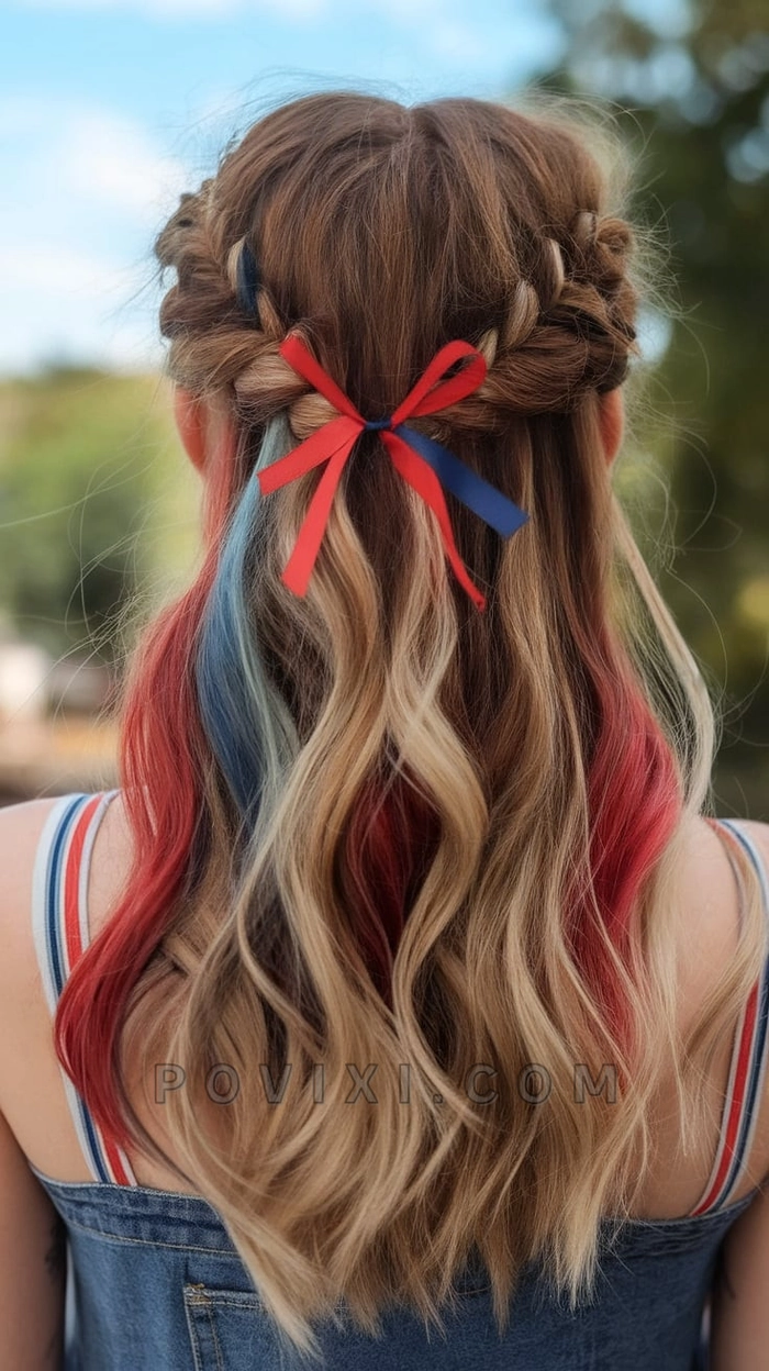Step 9 of styling a patriotic hair ribbon look for Independence Day Patriotic fourth of July hairstyle with red white and blue ribbon accents