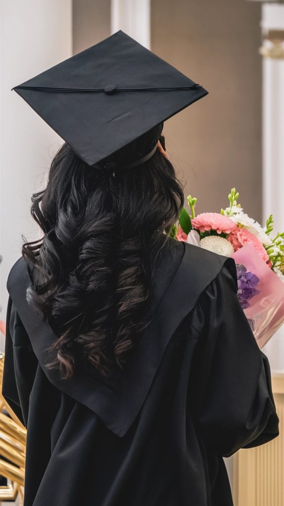 Graduation updo hairstyle designed to fit neatly under a cap