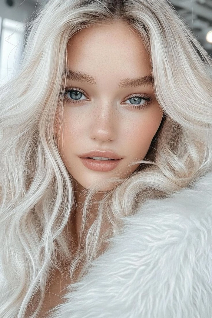Winter bride with icy blonde hair toned to a cool platinum shade, styled with delicate crystal hairpins