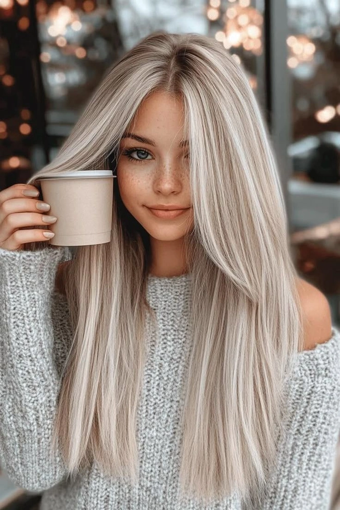 Winter bride showcasing icy blonde hair toning in a holiday hairstyle
