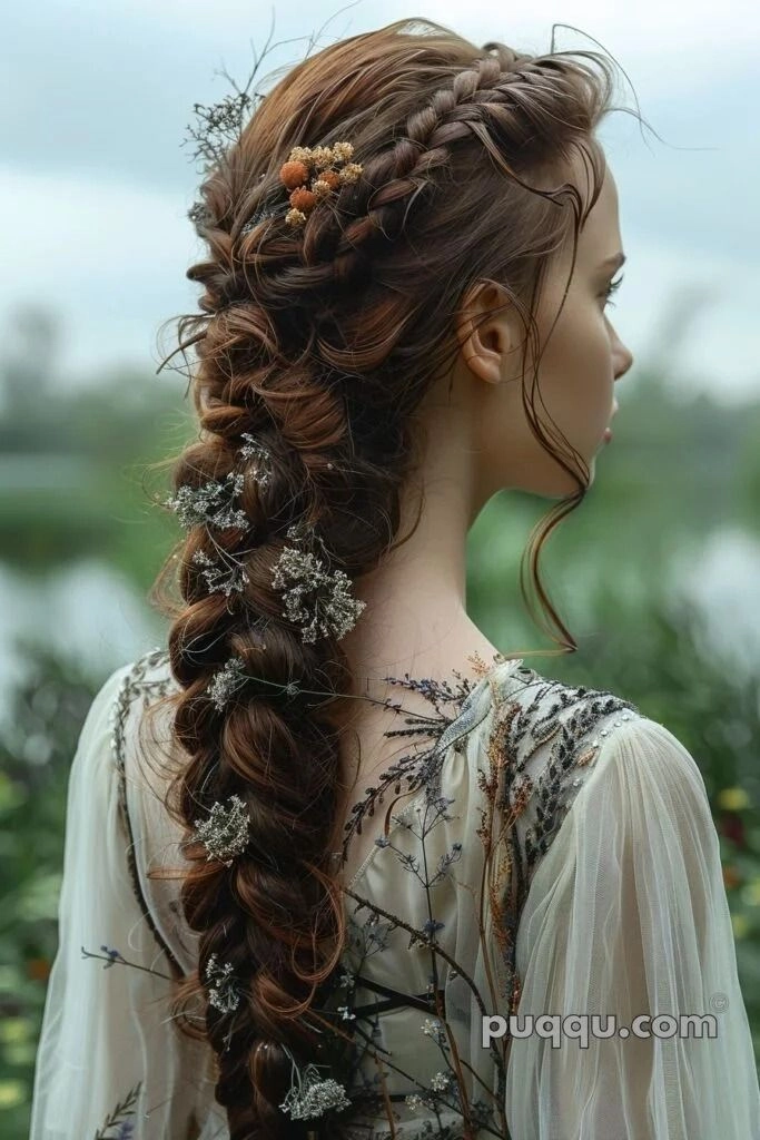 Elaborate Dutch braid woven into a fantasy costume hairstyle for a magical holiday look