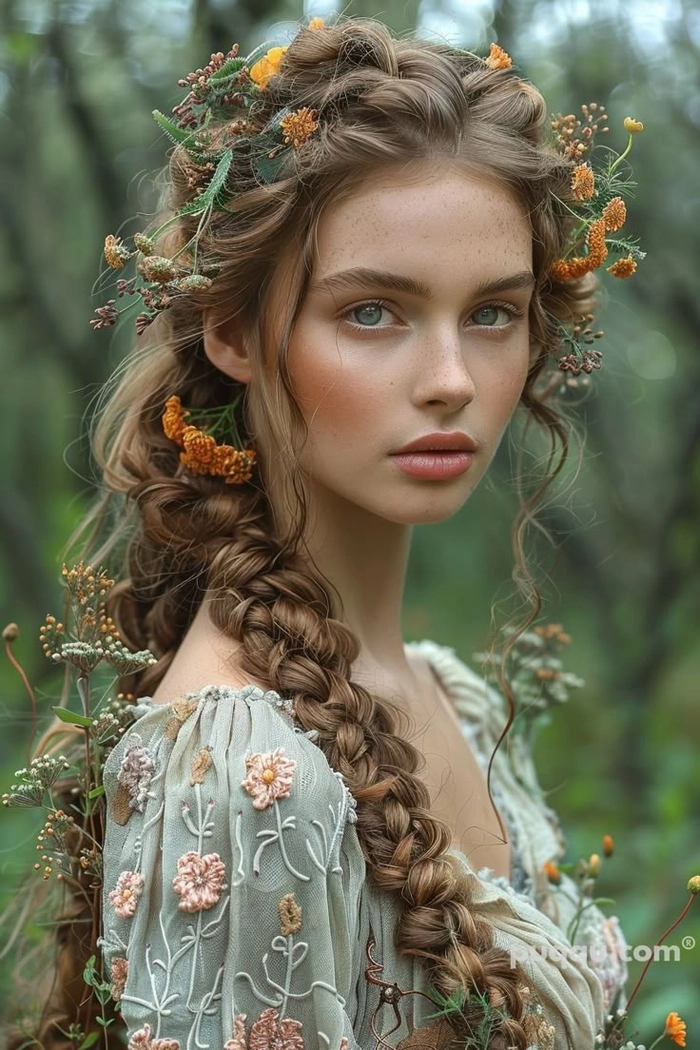 Elaborate Dutch braid woven with ribbons for a fantasy costume look