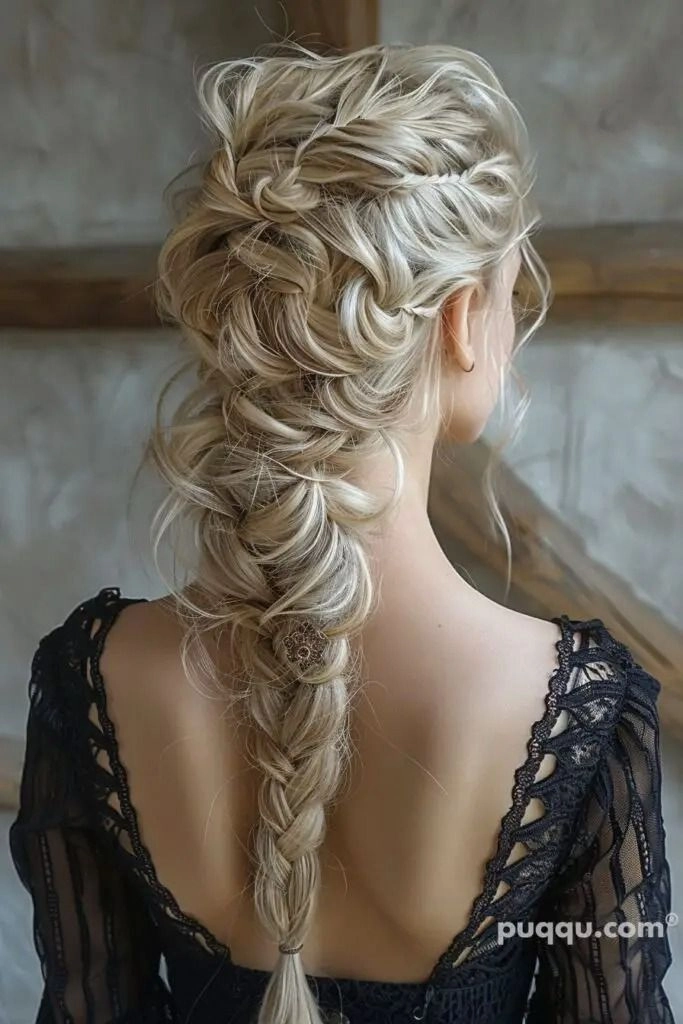 An intricate Dutch braid styled as a fantasy costume hairstyle for holiday celebrations