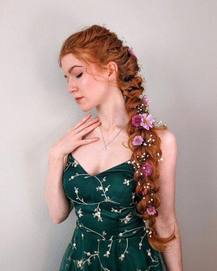 Intricate Dutch braid styled as a fantasy costume hairstyle for holidays