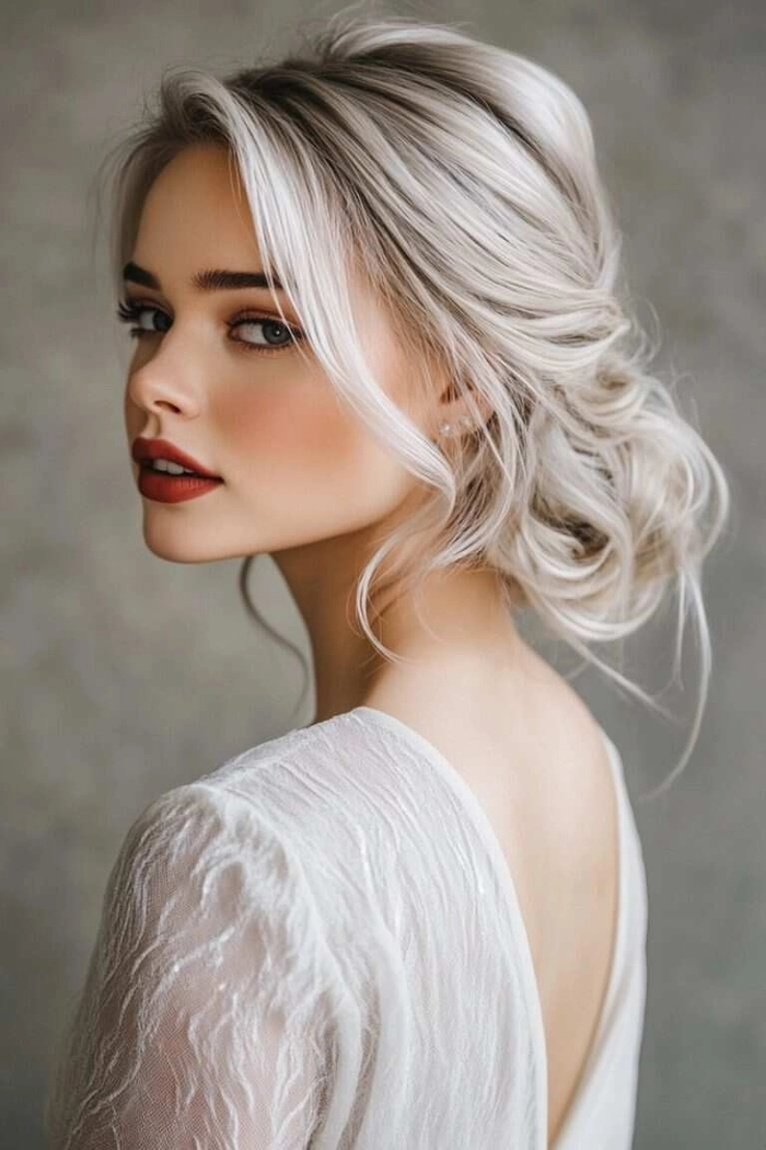 Winter prom hairstyle with elegant curls and sparkling hair accessories